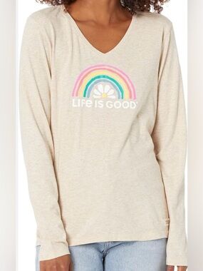 Life Is Good Daisy Rainbow Long Sleeve Crusher-Lite Vee size large beige